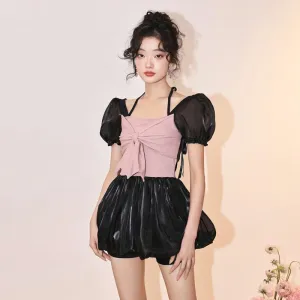 One-piece Fluffy Skirt Puff Sleeve Small Chest Gathered Senior Hot Girl Vacation Swimwear