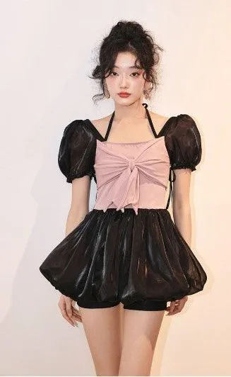 One-piece Fluffy Skirt Puff Sleeve Small Chest Gathered Senior Hot Girl Vacation Swimwear