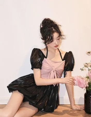 One-piece Fluffy Skirt Puff Sleeve Small Chest Gathered Senior Hot Girl Vacation Swimwear