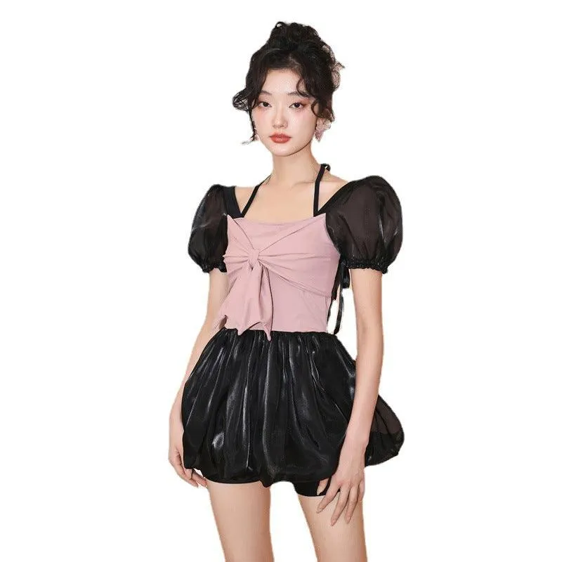 One-piece Fluffy Skirt Puff Sleeve Small Chest Gathered Senior Hot Girl Vacation Swimwear