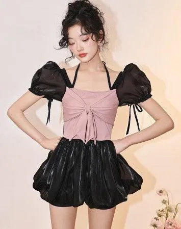 One-piece Fluffy Skirt Puff Sleeve Small Chest Gathered Senior Hot Girl Vacation Swimwear