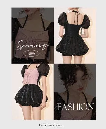 One-piece Fluffy Skirt Puff Sleeve Small Chest Gathered Senior Hot Girl Vacation Swimwear
