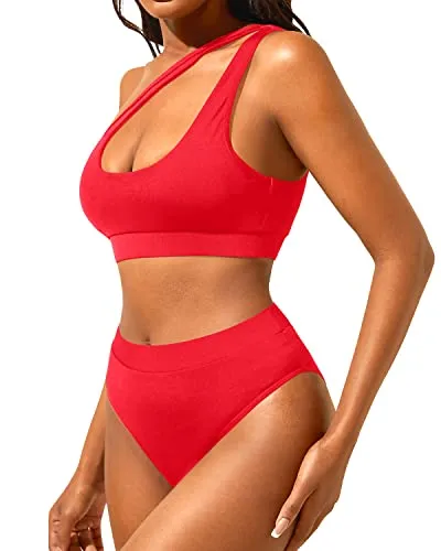 One Shoulder Two Piece Swimsuits Women's High Waisted Bikini Set