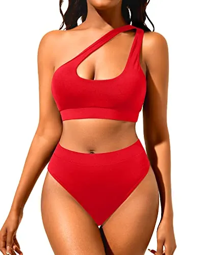 One Shoulder Two Piece Swimsuits Women's High Waisted Bikini Set