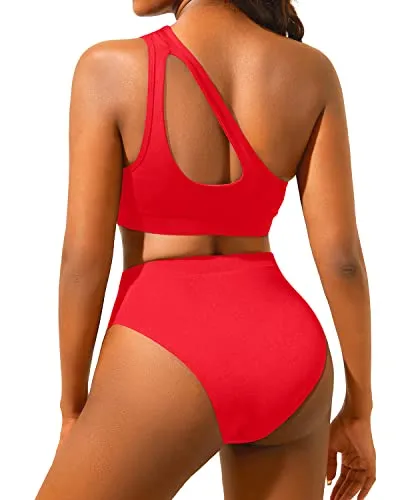One Shoulder Two Piece Swimsuits Women's High Waisted Bikini Set