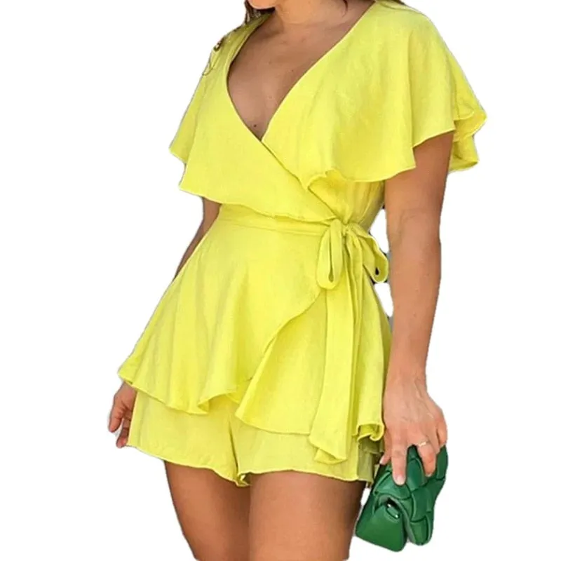 Onesie V-neck Ruffled Edge Short Jumpsuit