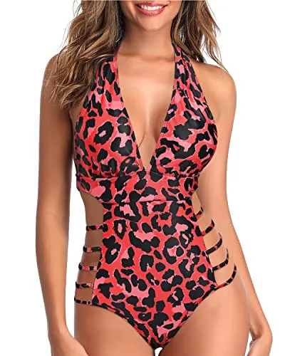 Open Back Cutout Plunge V Neck Halter Bathing Suits-Red Leopard