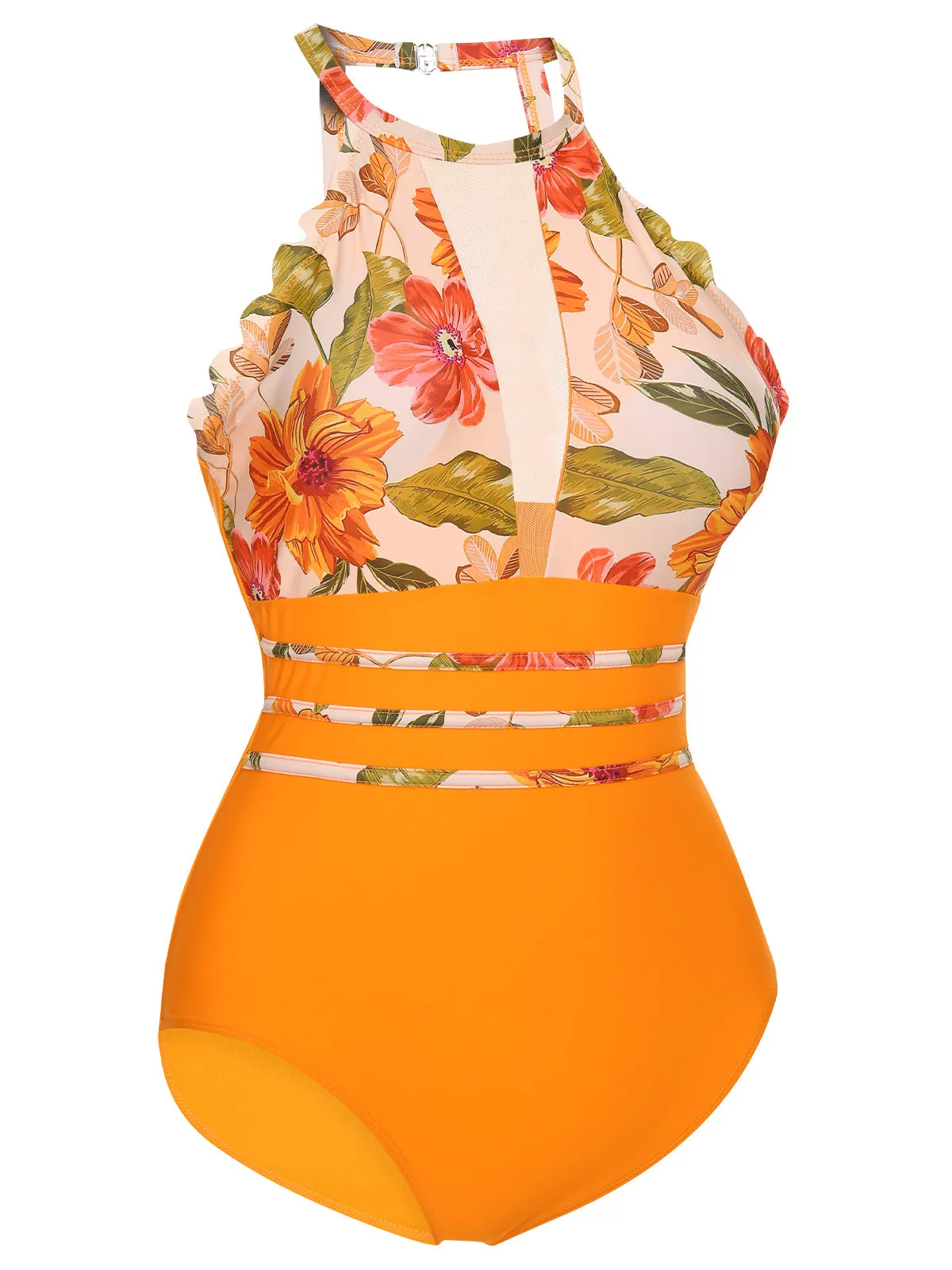 Orange 1960s Halter Floral One-Piece Swimsuit