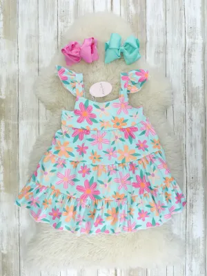 Orange & Pink Floral Tiered Ruffle Dress