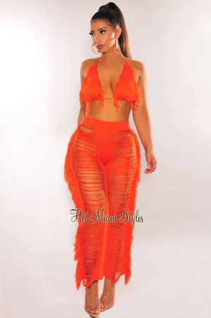 Orange Fringe Ladder Cut Pants Two Piece Set