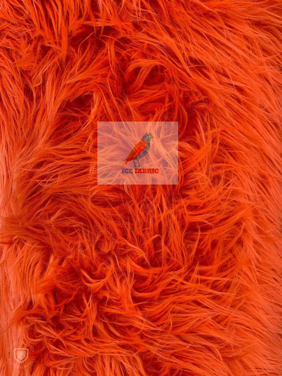 Orange Solid Mongolian Long Pile Animal Faux Fur Fabric For Coats, Fur Clothing, Blankets, Bed Spreads, Throw Blanket Sold By The Yard