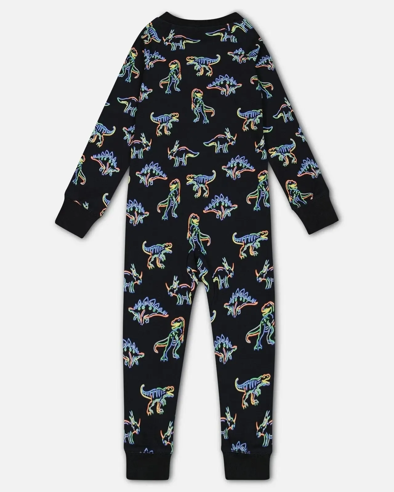 Organic Cotton One Piece Pajama Black Printed Neon Dino