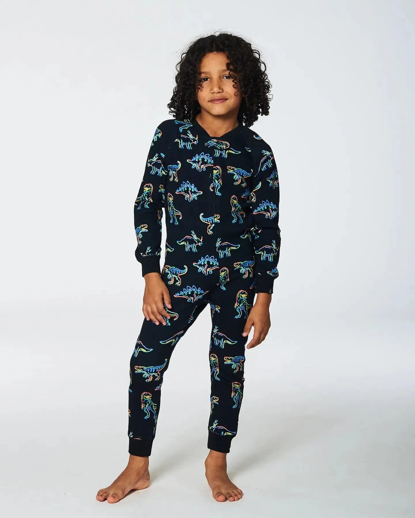 Organic Cotton One Piece Pajama Black Printed Neon Dino
