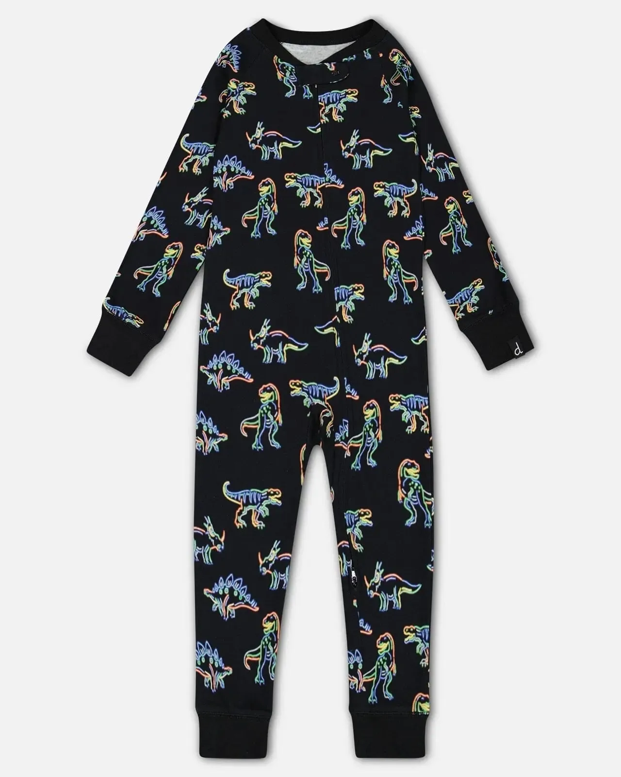 Organic Cotton One Piece Pajama Black Printed Neon Dino