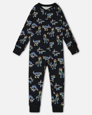 Organic Cotton One Piece Pajama Black Printed Neon Dino