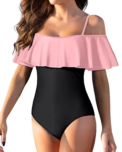 Padded Bra Off Shoulder One Piece Swimsuit For Women-Pink And Black
