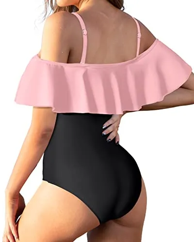 Padded Bra Off Shoulder One Piece Swimsuit For Women-Pink And Black