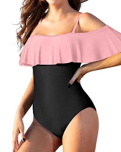 Padded Bra Off Shoulder One Piece Swimsuit For Women-Pink And Black