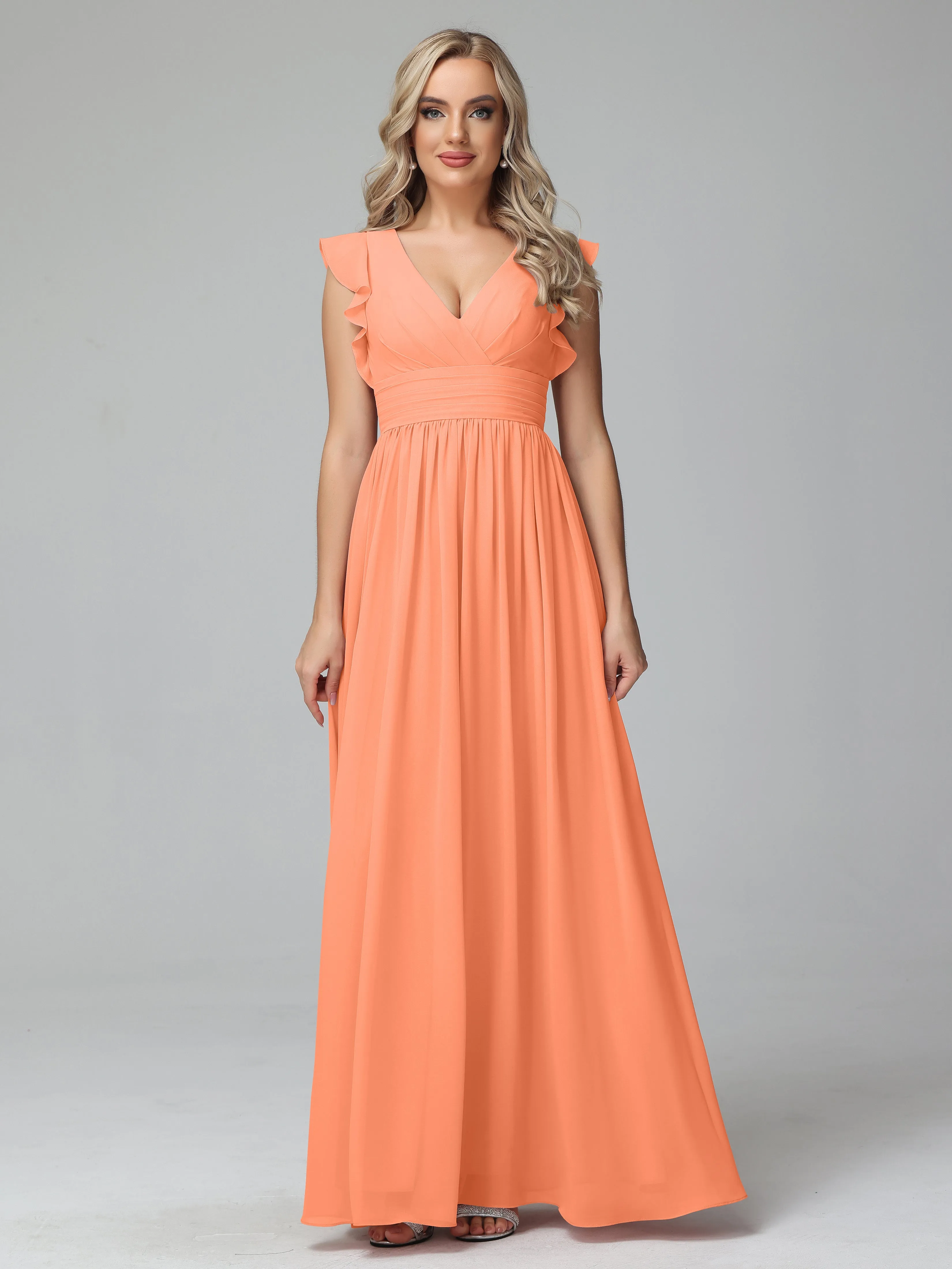 Papaya Bridesmaid Dresses Bonnie V-Neck Chiffon Bridesmaid Dresses With Ruffle Sleeves