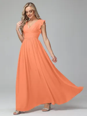 Papaya Bridesmaid Dresses Bonnie V-Neck Chiffon Bridesmaid Dresses With Ruffle Sleeves