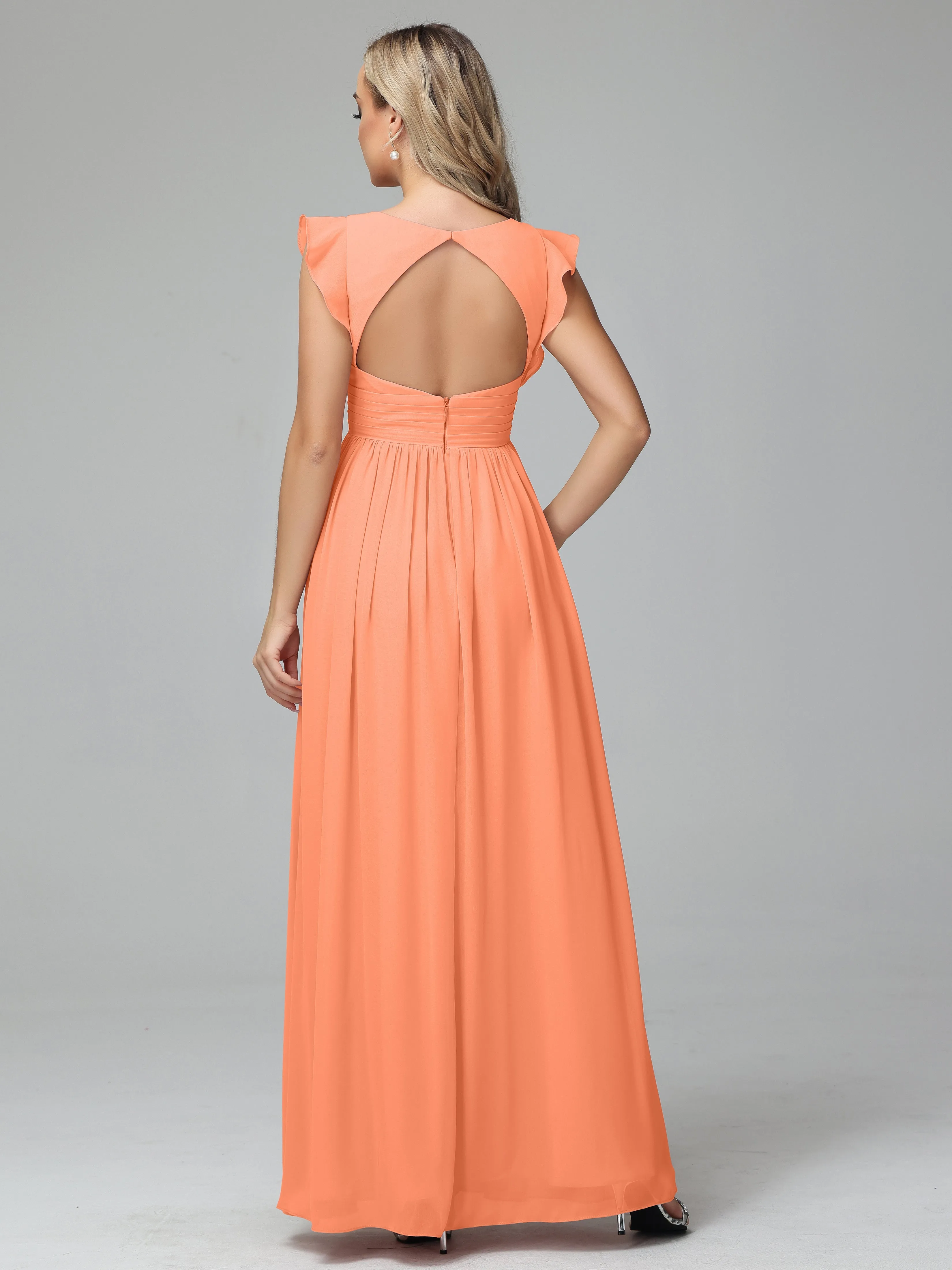 Papaya Bridesmaid Dresses Bonnie V-Neck Chiffon Bridesmaid Dresses With Ruffle Sleeves