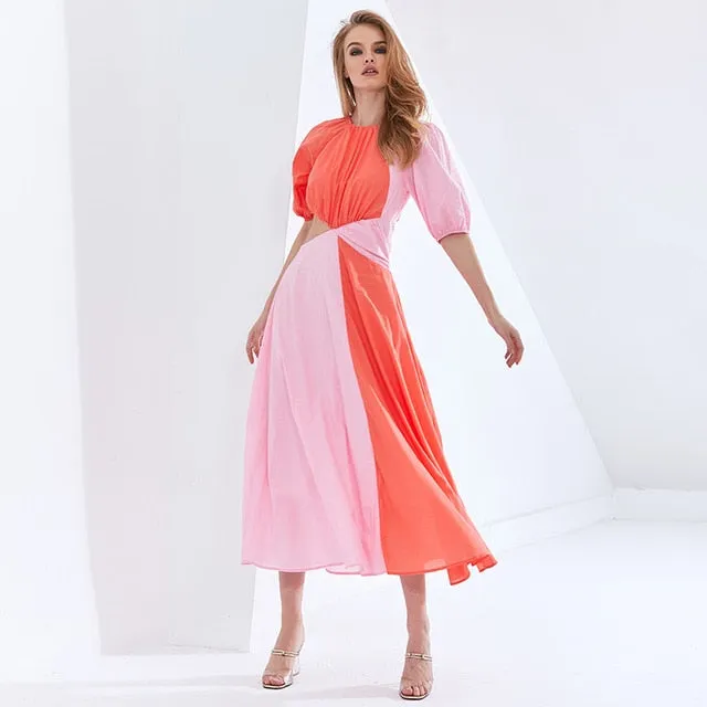 Patchwork Hit Color Asymmetrical Summer Dress