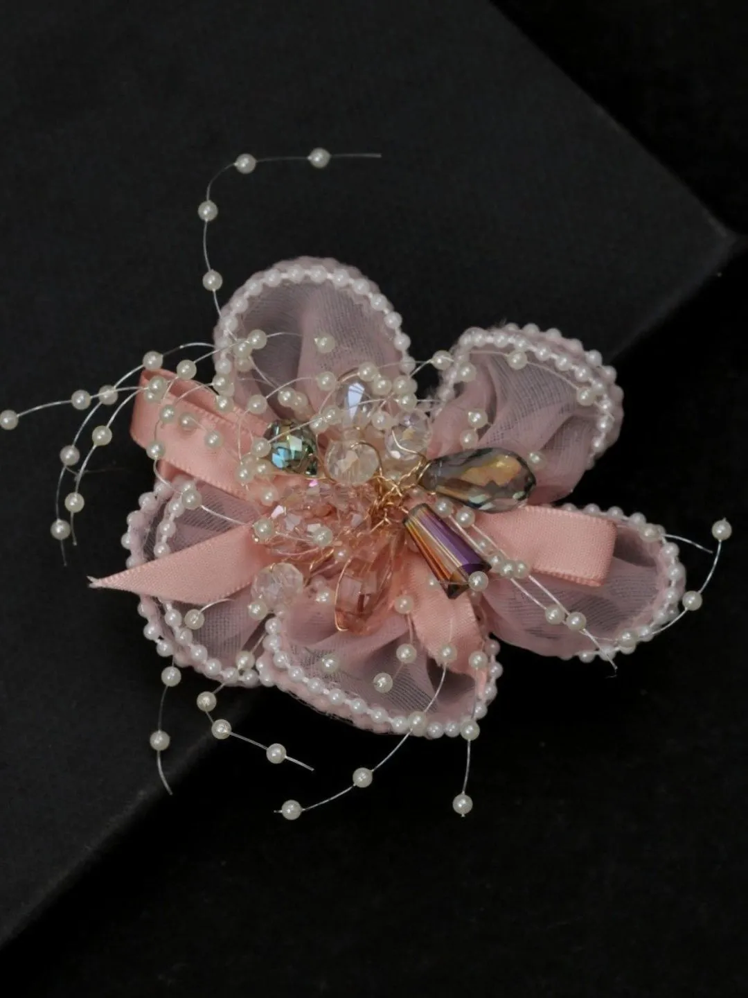 Peach Blossom Whimsy: Delicate Tulle and Satin Bow Hair Clip with Pearlescent Bead Sprays and Crystal Shine