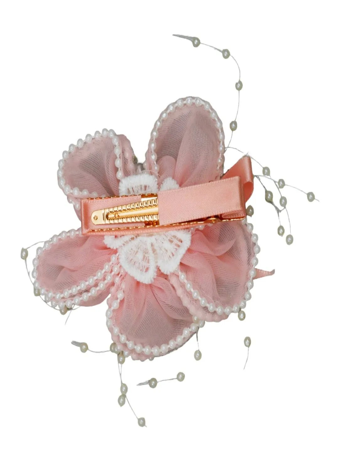 Peach Blossom Whimsy: Delicate Tulle and Satin Bow Hair Clip with Pearlescent Bead Sprays and Crystal Shine