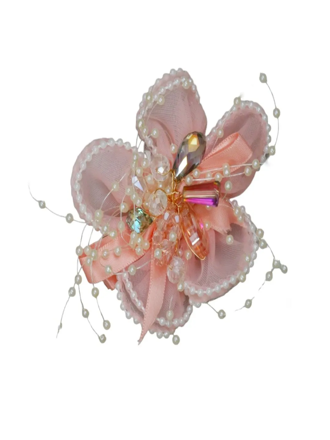 Peach Blossom Whimsy: Delicate Tulle and Satin Bow Hair Clip with Pearlescent Bead Sprays and Crystal Shine