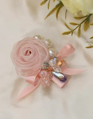 Peach Pink Organza Rosette Hair Clip with Lustrous Pearl Accents and Crystal Details