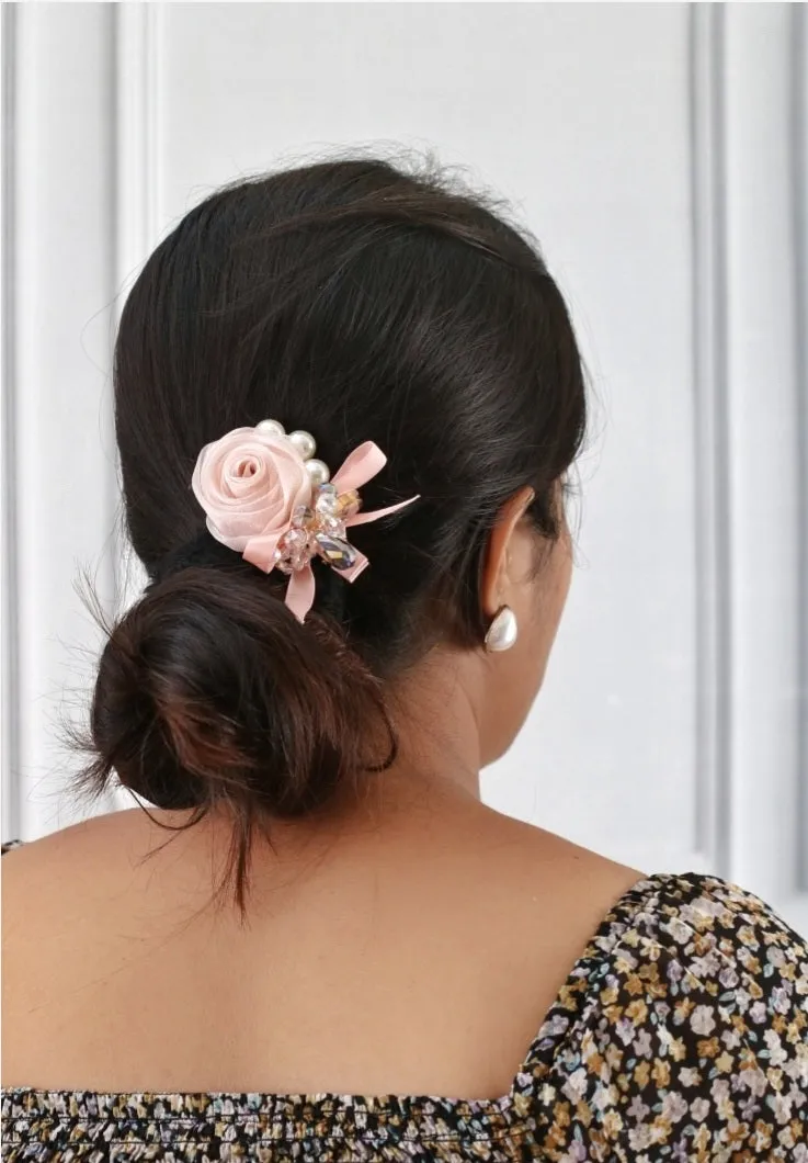 Peach Pink Organza Rosette Hair Clip with Lustrous Pearl Accents and Crystal Details