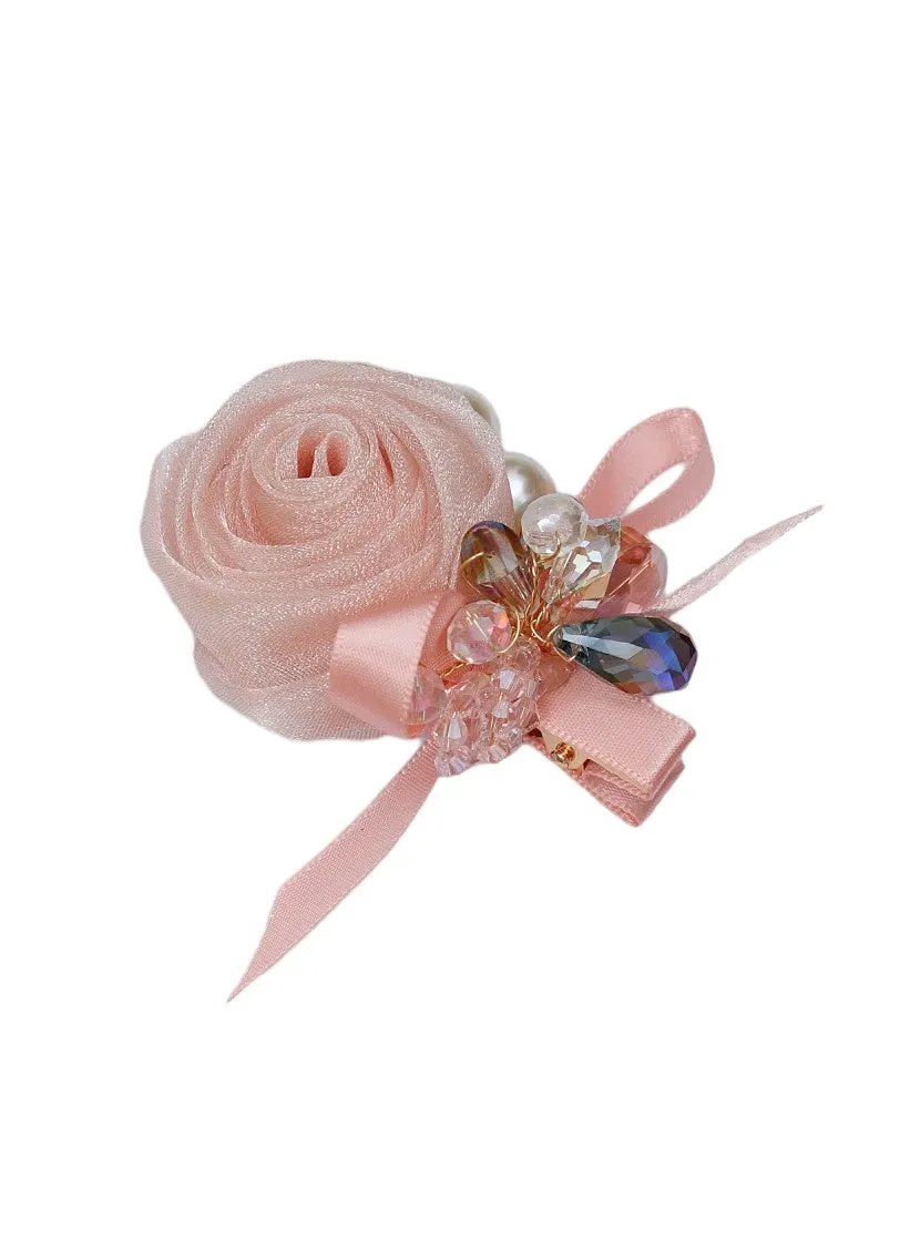 Peach Pink Organza Rosette Hair Clip with Lustrous Pearl Accents and Crystal Details