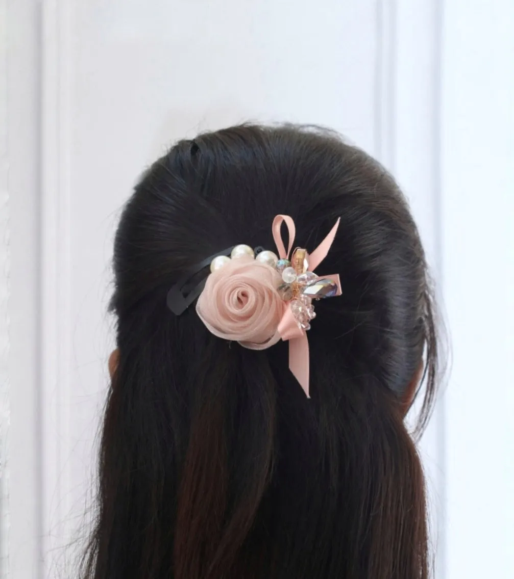Peach Pink Organza Rosette Hair Clip with Lustrous Pearl Accents and Crystal Details