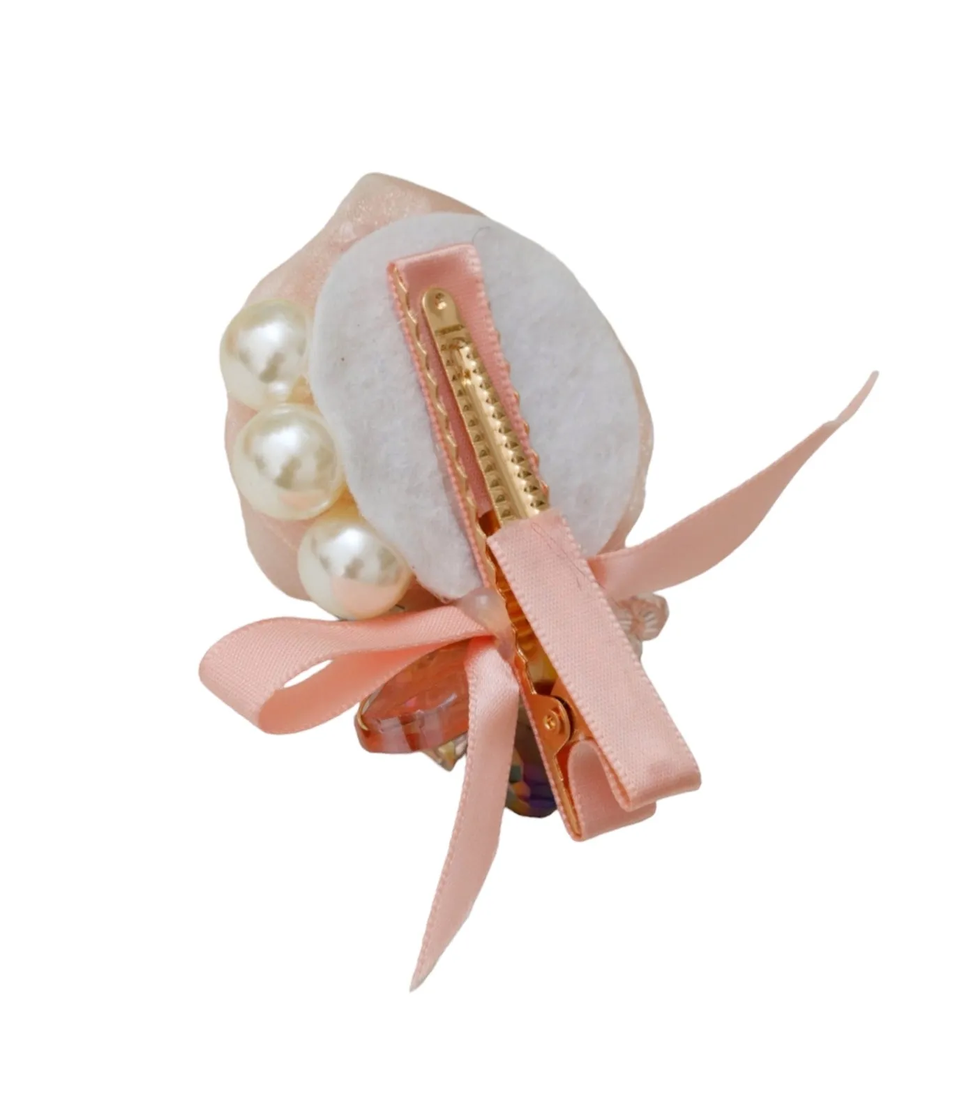 Peach Pink Organza Rosette Hair Clip with Lustrous Pearl Accents and Crystal Details