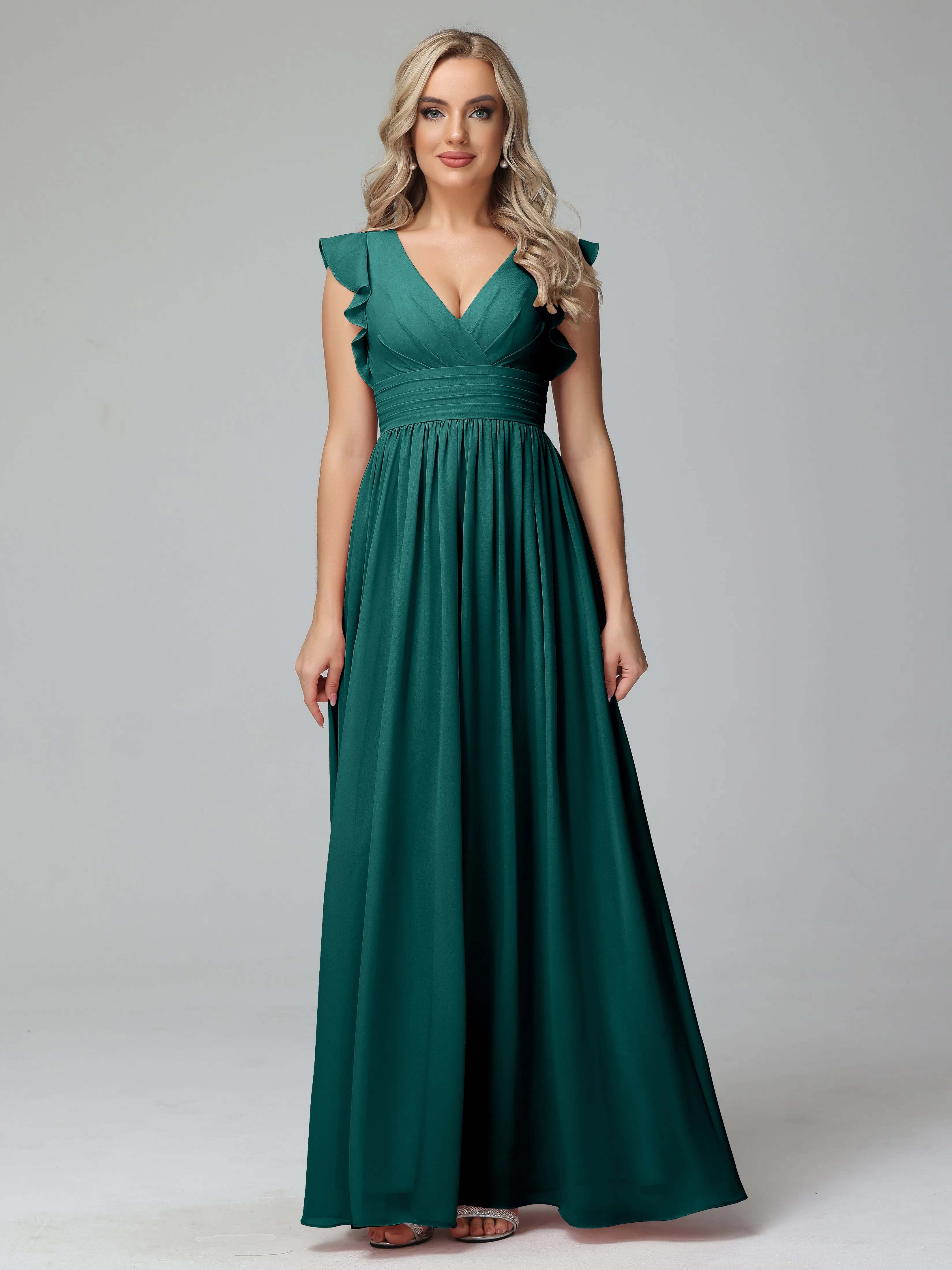 Peacock Bridesmaid Dresses Uk Bonnie V-Neck Chiffon Bridesmaid Dresses With Ruffle Sleeves