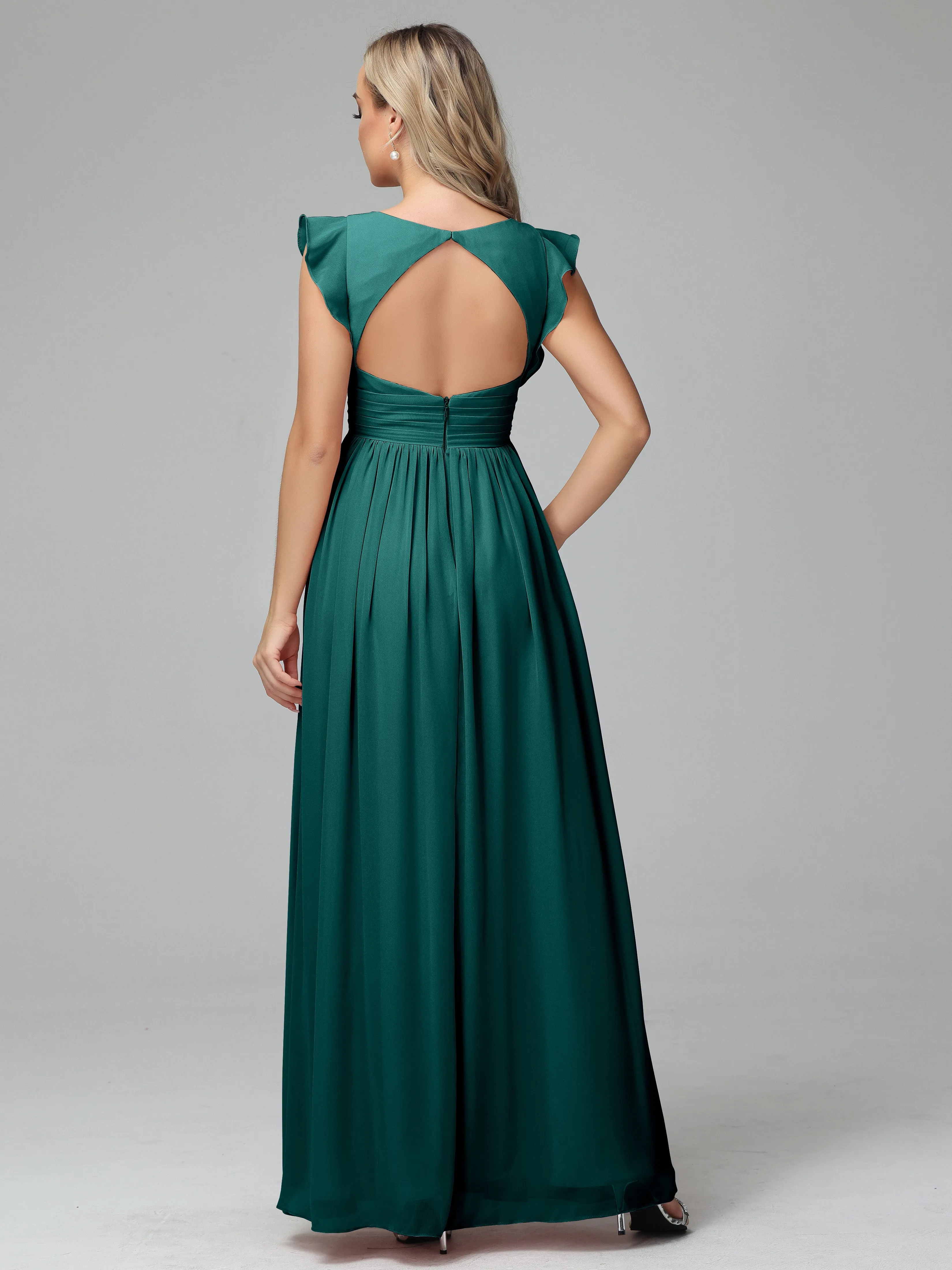 Peacock Bridesmaid Dresses Uk Bonnie V-Neck Chiffon Bridesmaid Dresses With Ruffle Sleeves