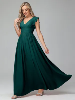 Peacock Bridesmaid Dresses Uk Bonnie V-Neck Chiffon Bridesmaid Dresses With Ruffle Sleeves