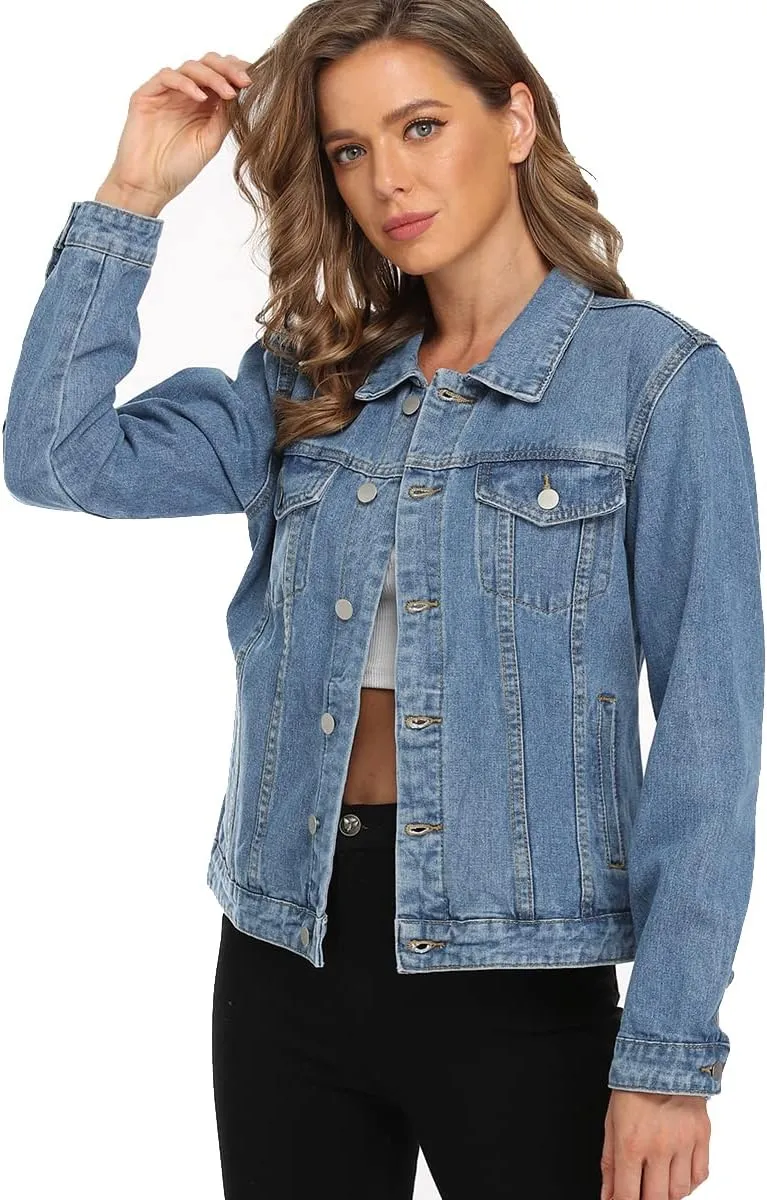 PEIQI Classic Jean Jacket for Women Basic Long Sleeve Button Down Denim Jackets