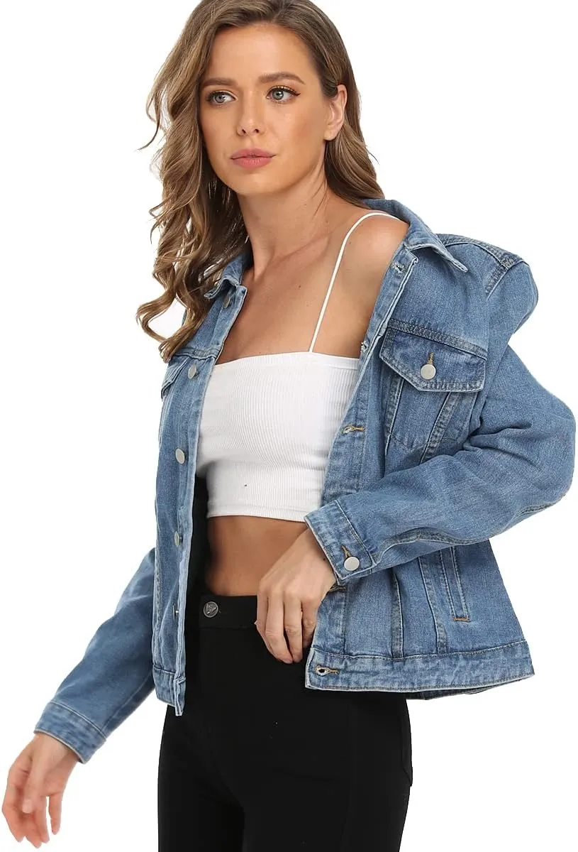 PEIQI Classic Jean Jacket for Women Basic Long Sleeve Button Down Denim Jackets