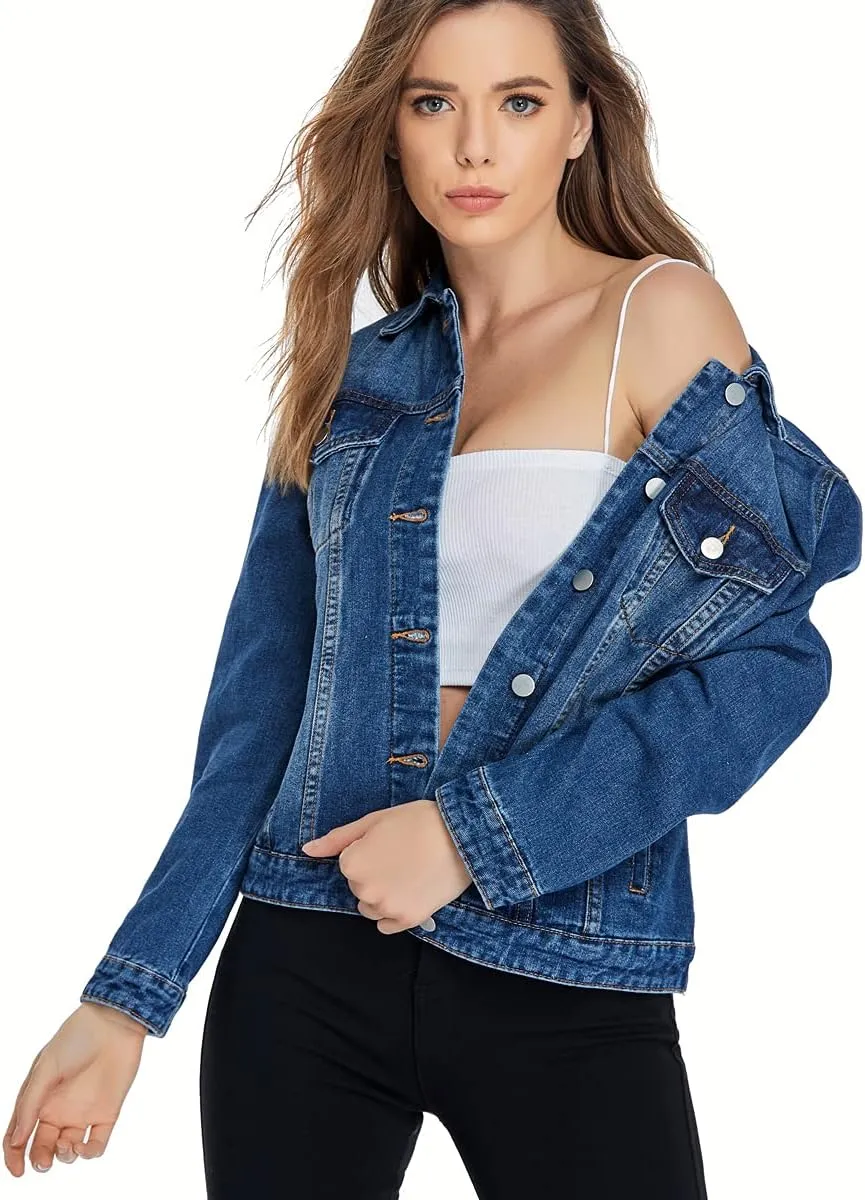 PEIQI Classic Jean Jacket for Women Basic Long Sleeve Button Down Denim Jackets