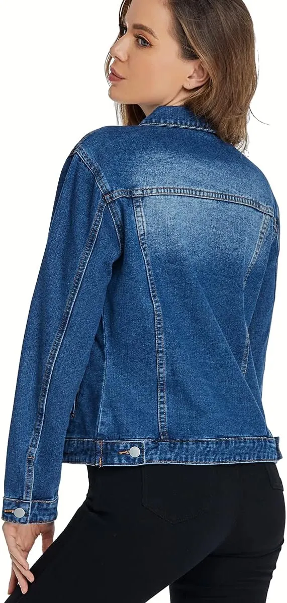 PEIQI Classic Jean Jacket for Women Basic Long Sleeve Button Down Denim Jackets