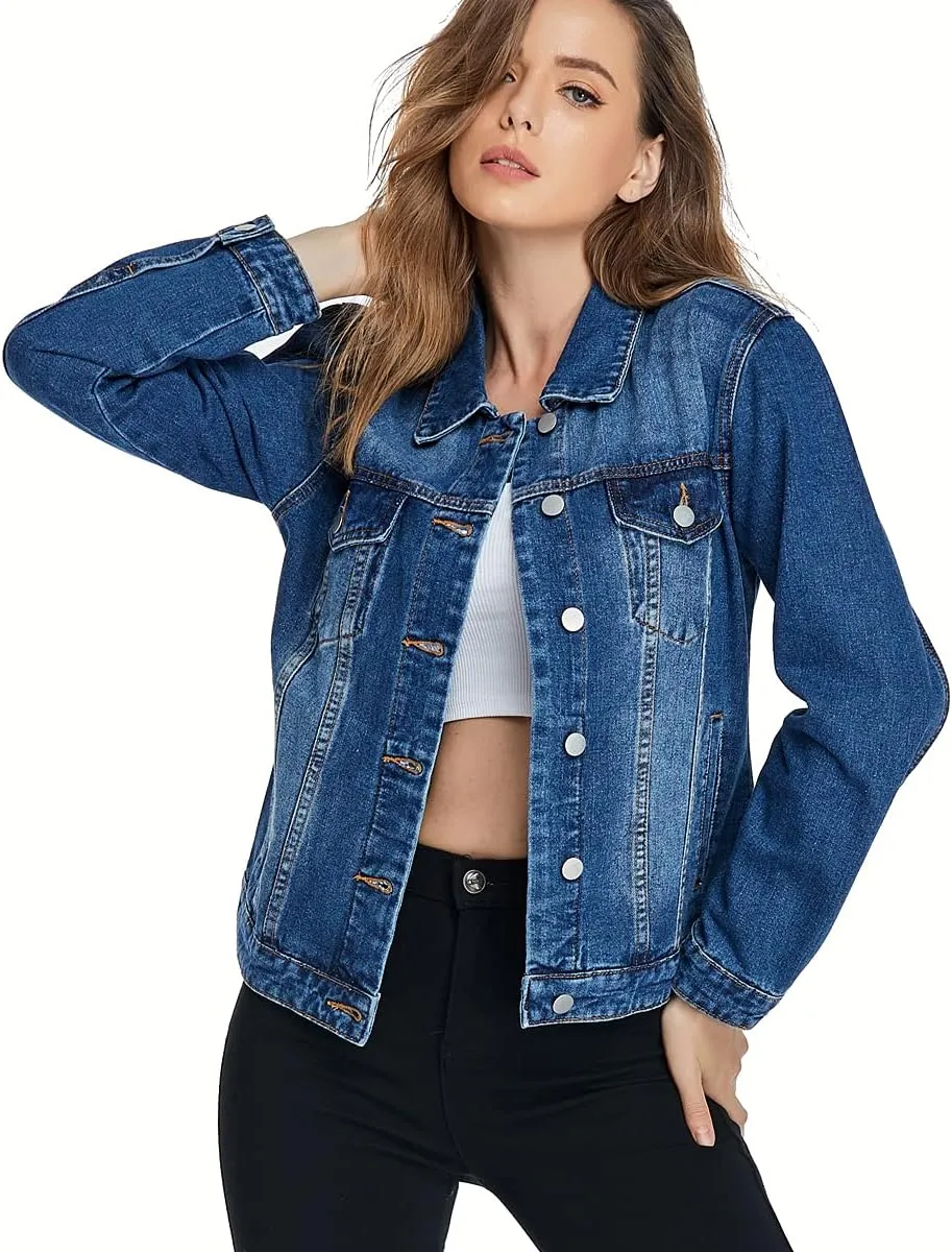 PEIQI Classic Jean Jacket for Women Basic Long Sleeve Button Down Denim Jackets