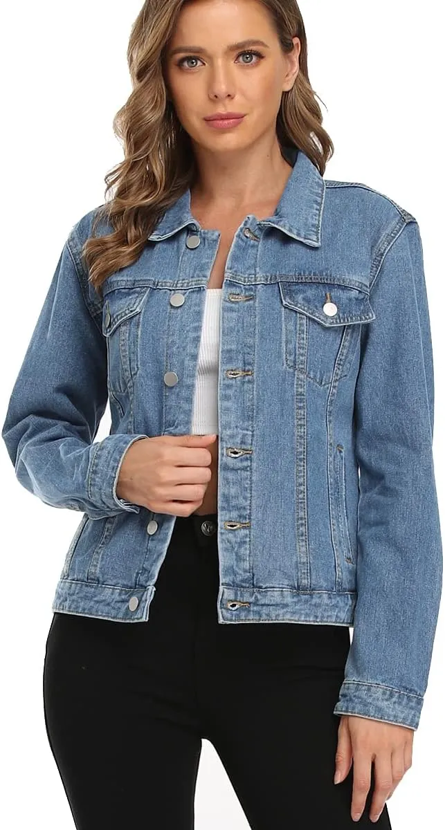 PEIQI Classic Jean Jacket for Women Basic Long Sleeve Button Down Denim Jackets