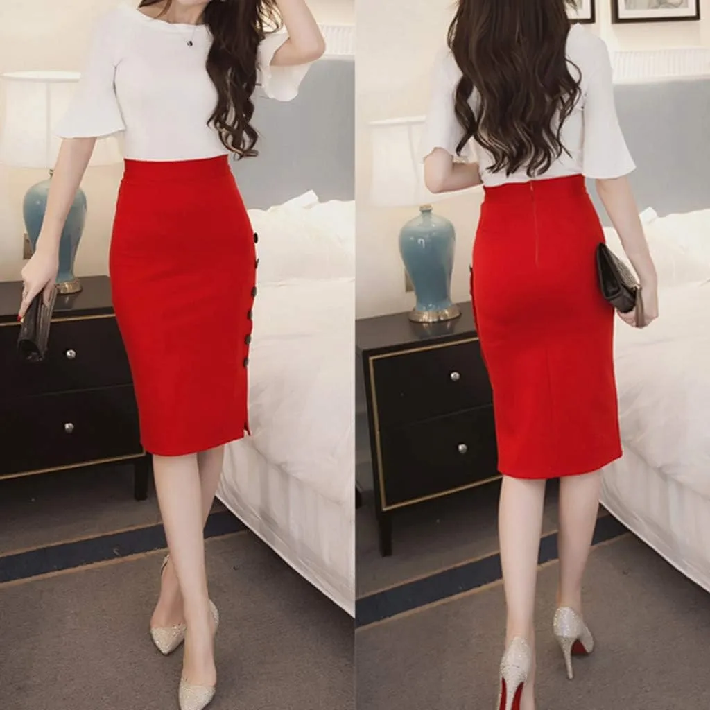 Pencil Skirt for Womens Long Mermaid Skirts Bodycon Skirt High Waisted Button Slit Midi Skirt Split Midi Skirt