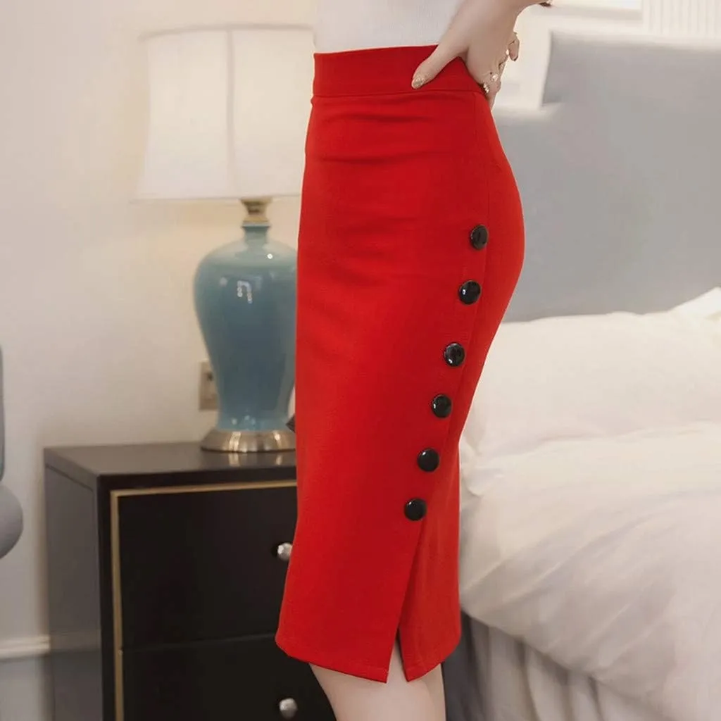 Pencil Skirt for Womens Long Mermaid Skirts Bodycon Skirt High Waisted Button Slit Midi Skirt Split Midi Skirt