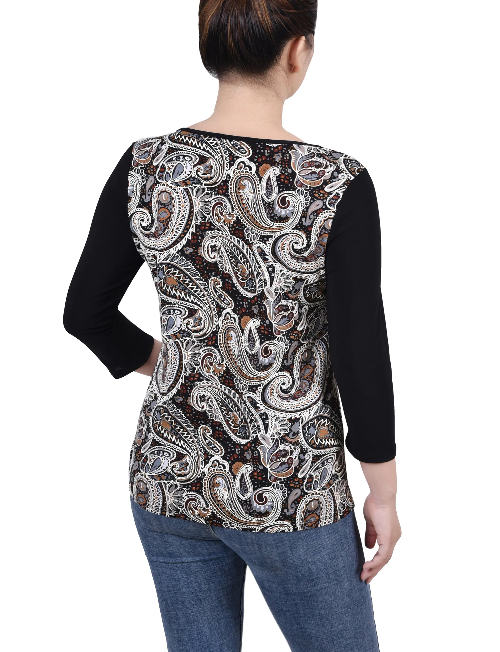 Petite 3/4 Sleeve Puff Print Cutout Top
