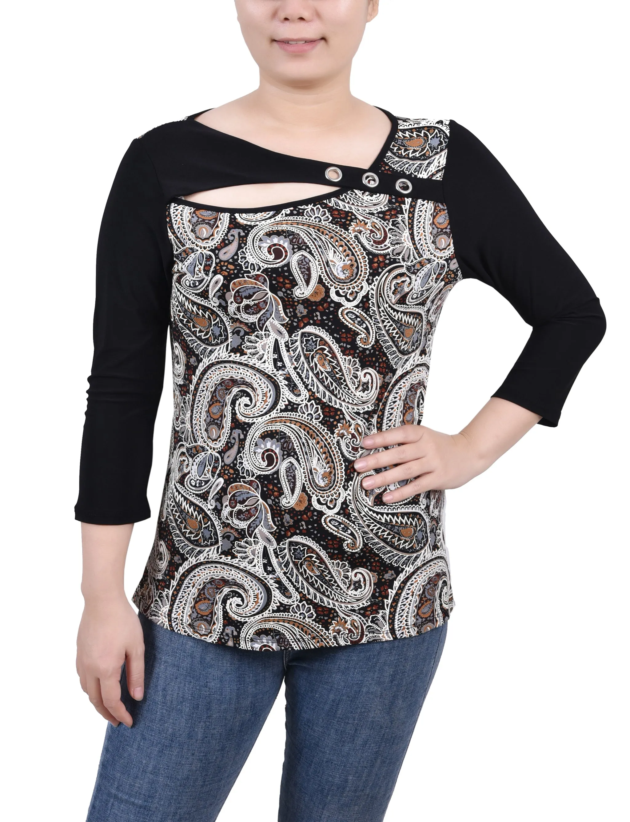 Petite 3/4 Sleeve Puff Print Cutout Top