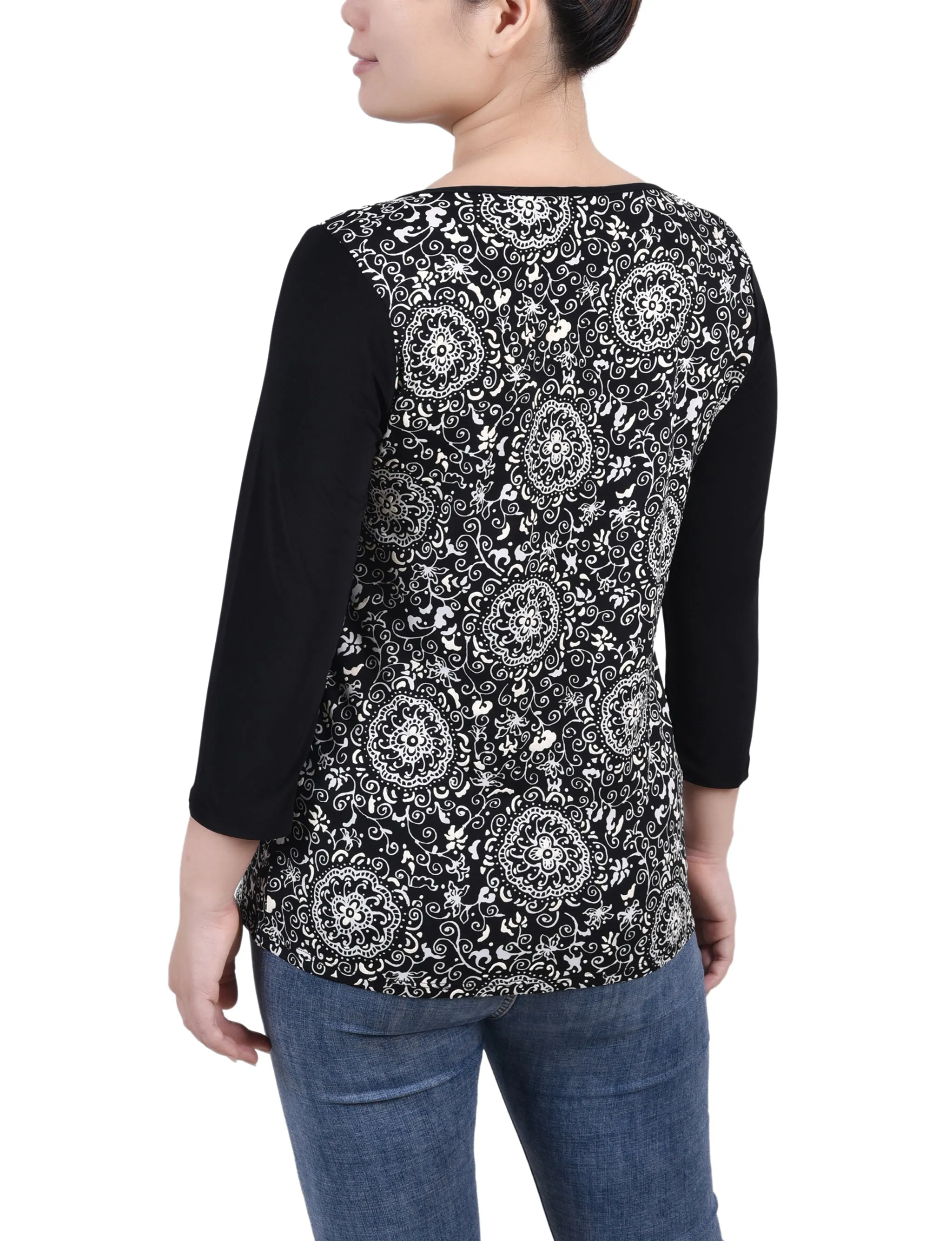 Petite 3/4 Sleeve Puff Print Cutout Top