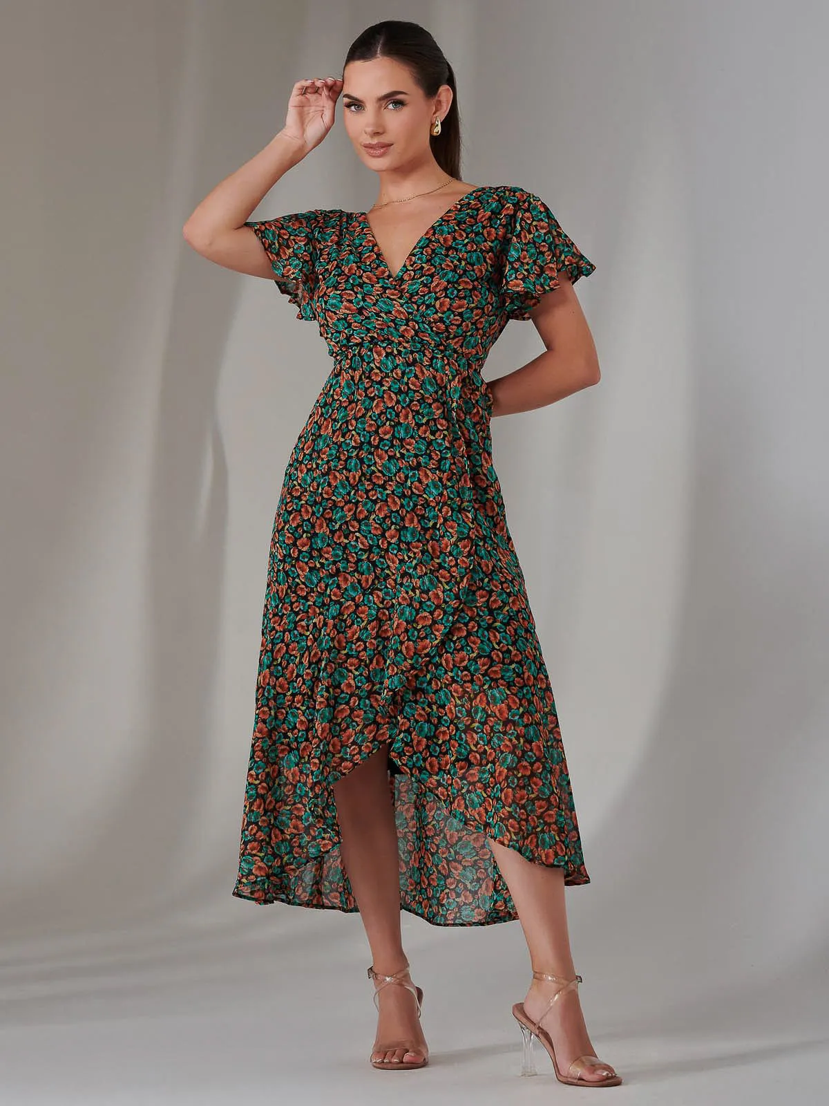 Petite High Low Midaxi Dress, Black Multi