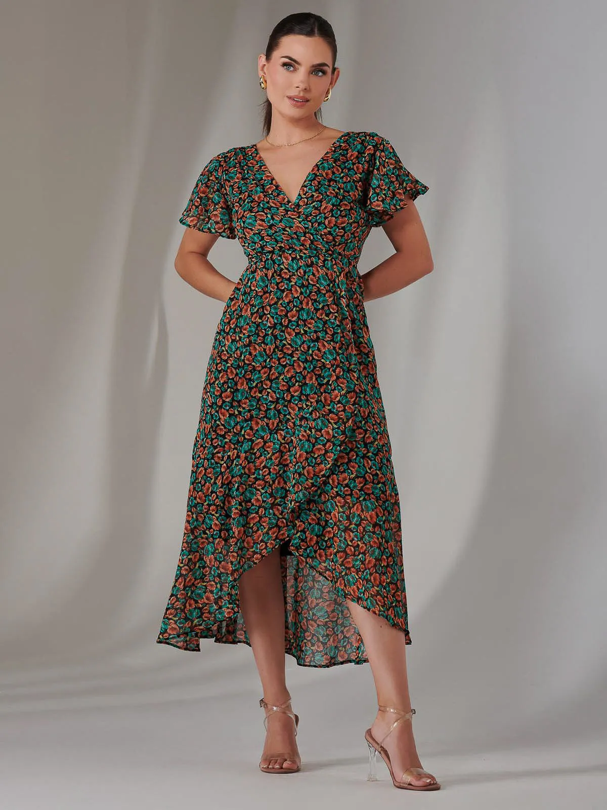 Petite High Low Midaxi Dress, Black Multi